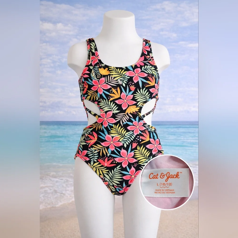 Cat & Jack Girls Floral One Piece Swimsuit L 10/12 Cutout Sides Criss Cross Trop